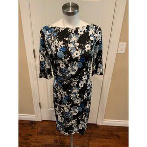 Erdem Black Floral Print Boatneck Half Sleeve Dress, Size 6